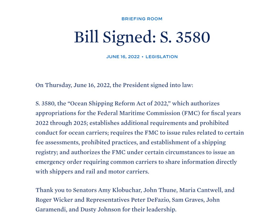Biden Signs The Ocean Shipping Reform Act of 2022 バイデン氏、2022年海洋海運改革法に署名