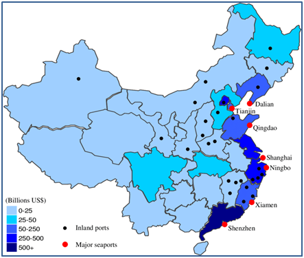 Main Seaports in U.S. and China 米国と中国の主要な港