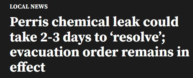 Chemical Leak from Rail Car in Perris Closes 215 Freeway-6 ペリスの鉄道車両から化学物質が漏洩、高速道路 215 号線 6 号線を閉鎖