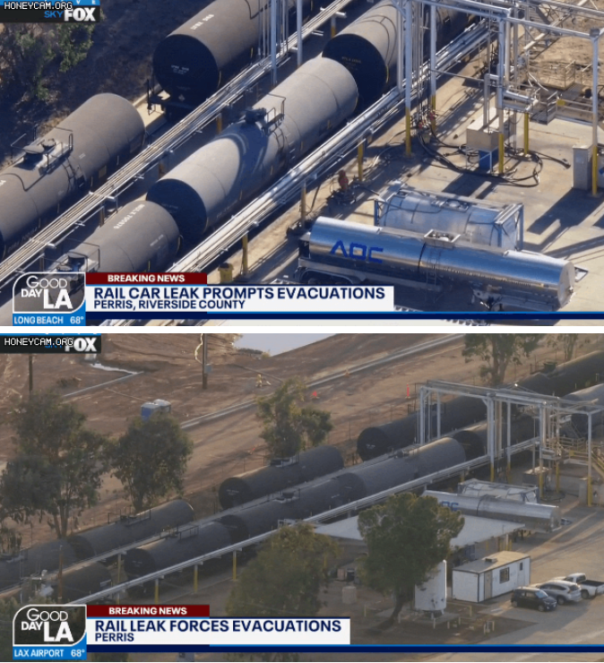 Chemical Leak from Rail Car in Perris Closes 215 Freeway-8 ペリスの鉄道車両から化学物質が漏洩、高速道路 8 号線 215 号線を閉鎖