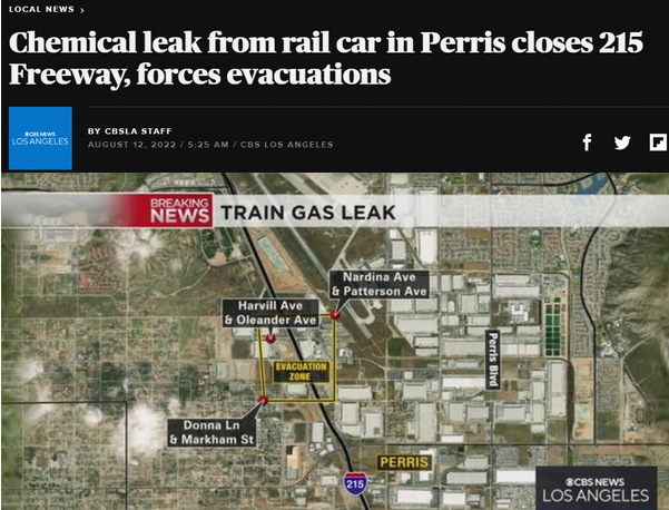 Chemical Leak from Rail Car in Perris Closes 215 Freeway ペリスの鉄道車両から化学物質が漏洩、高速道路215号線を閉鎖
