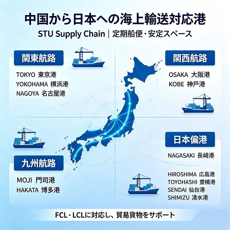 日本向け海上輸送対応港|東京港・横浜港・名古屋港・大阪港・神戸港ほか|STUサプライチェーン STUサプライチェーン、日本向け海上貨物輸送、東京港、横浜港、名古屋港、大阪港、神戸港、門司港、博多港、長崎港、広島港、豊橋港、仙台港、清水港、FCL・LCL物流サービス